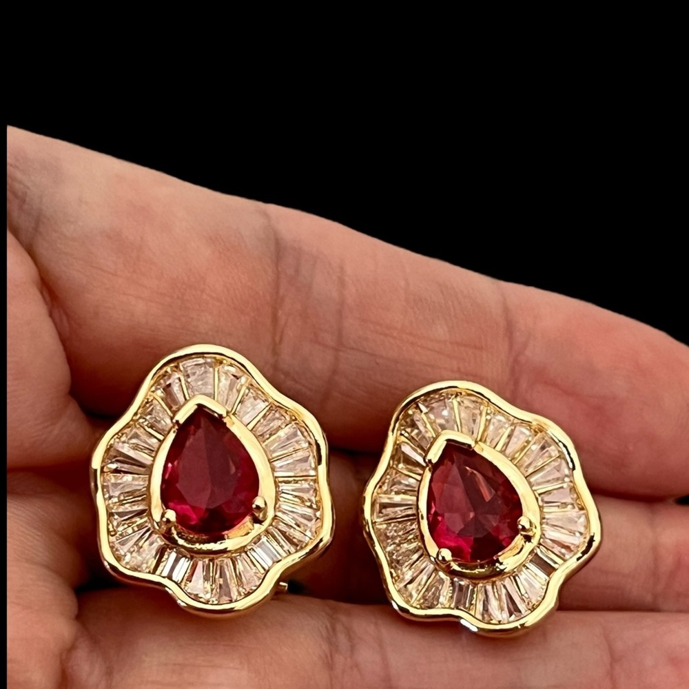 Elegant Gold plated and ruby Red Teardrop Earrings
